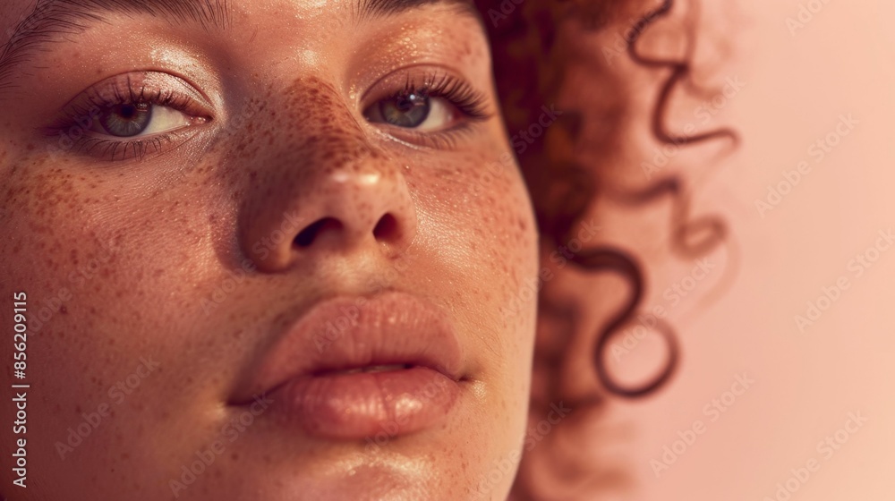 A close-up of a person with rosy cheeks freckles and curly hair gazing slightly to the side with a soft expression. A close-up of a person with rosy cheeks freckles and curly hair gazing slightly to the side with a soft expression.