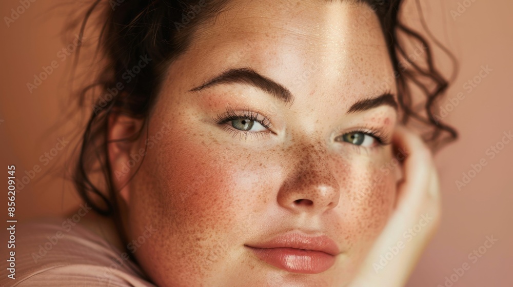 A close-up portrait of a woman with freckles showcasing her green eyes and a gentle hand-on-face gesture set against a soft warm-toned background. A close-up portrait of a woman with freckles showcasing her green eyes and a gentle hand-on-face gesture set against a soft warm-toned background.