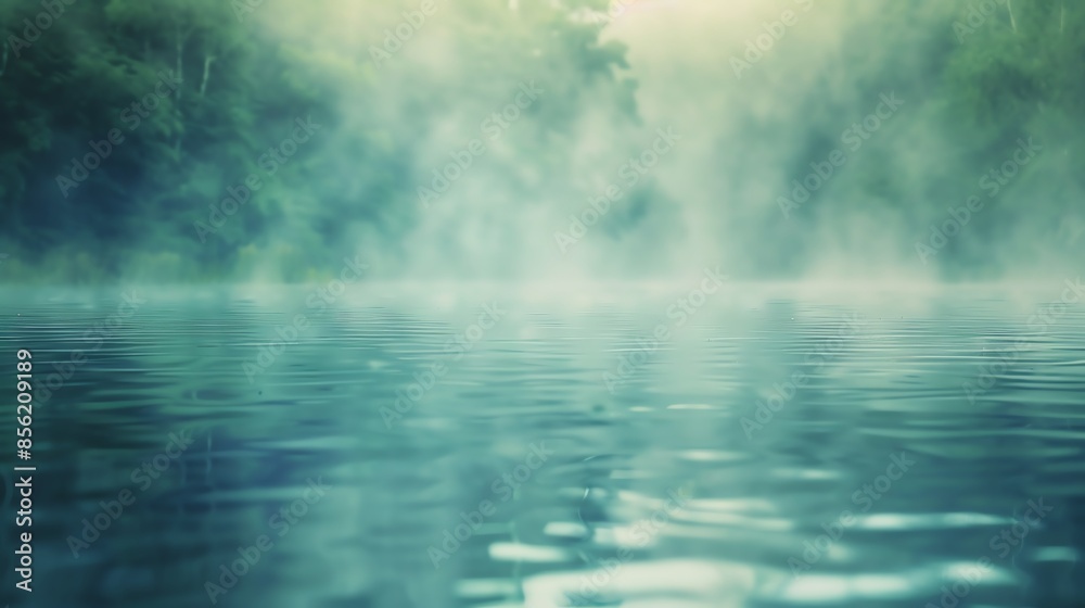 Serene morning mist rises over a still, blue lake. The sun peeks through the fog, creating a soft, ethereal glow. Serene morning mist rises over a still, blue lake. The sun peeks through the fog, creating a soft, ethereal glow.