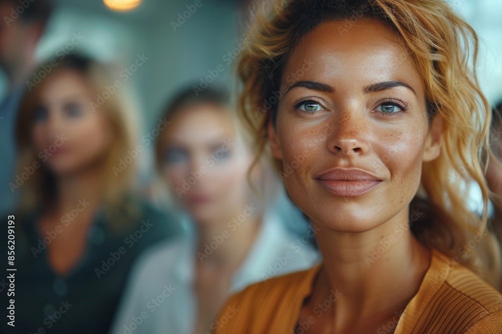 photo of different colleagues in business casual clothes, female executives in a modern office, close-up photo of different colleagues in business casual clothes, female executives in a modern office, close-up