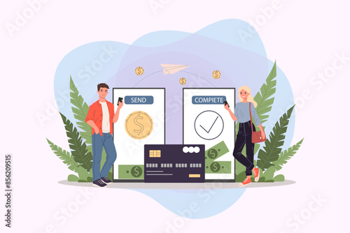 Payment transfer vector illustration. Mobile phone users sending money to each other. Financial transaction system for electronic wallet, online banking concept