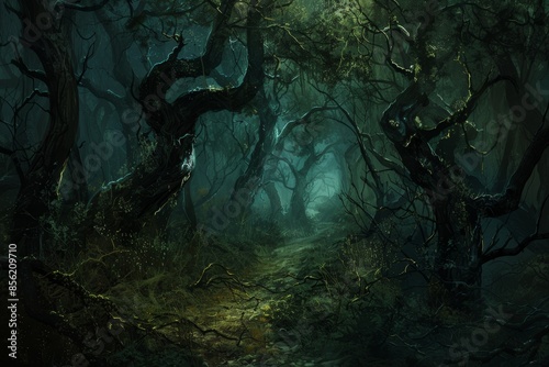 Dark Spooky Forest with Twisted Trees and Hidden Witch's Hut on Eerie Narrow Pathway © spyrakot