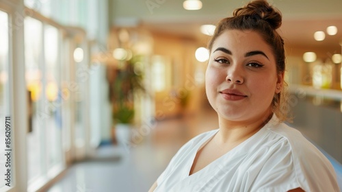 A young woman with a gentle smile wearing a white blouse standing in a brightly lit room with large windows and a view of a cityscape.