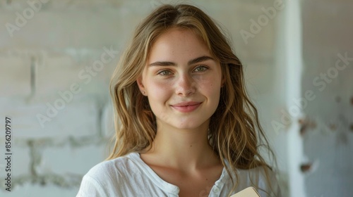 A young woman with long blonde hair wearing a white blouse smiling gently with a hint of a dimple on her right cheek standing in front of a textured wall with a soft natural light