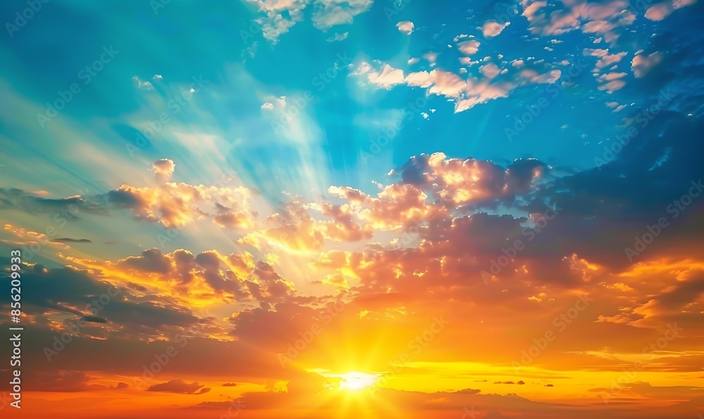 A stunning sunset with vivid blue, orange, and yellow colors blending seamlessly across the sky, evoking a sense of peace and wonder A stunning sunset with vivid blue, orange, and yellow colors blending seamlessly across the sky, evoking a sense of peace and wonder