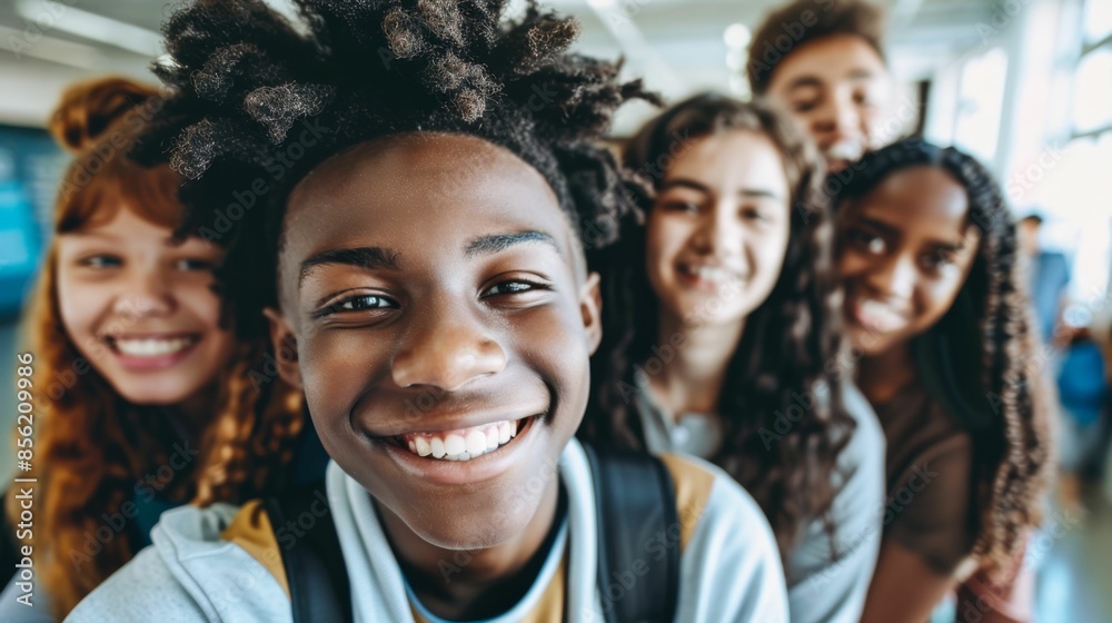 A group of young people smiling and posing together with one individual in the foreground looking directly at the camera. A group of young people smiling and posing together with one individual in the foreground looking directly at the camera.
