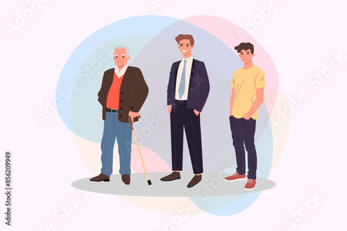 People of different ages vector illustration. Senior man with cane, middle-aged man in suit and teenage boy. Generation, age, social group concept for banner, website design or landing page