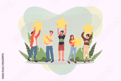 Satisfied customers rating services quality with review stars vector illustration. Happy people holding stars over their hands. Clients giving feedback for marketing survey, customer choice award
