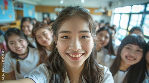 A group of young women possibly students smiling and posing together for a selfie in a classroom setting.
