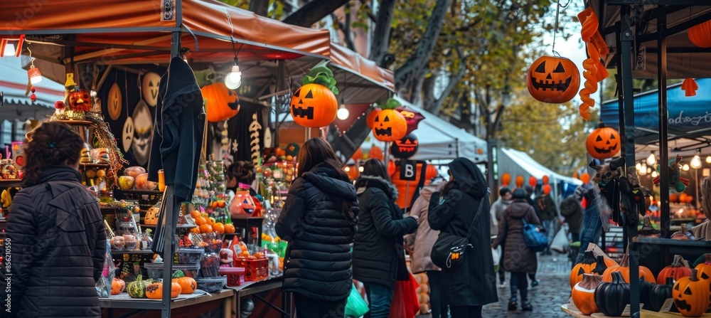 Obraz premium Festive Halloween Craft Fair with Handmade Decorations, Costumes, and Treats for Holiday Celebration