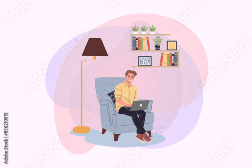 Young man sitting in armchair at home and working on laptop vector illustration. Lamp and bookshelf on background. Remote work, home office, freelancer concept