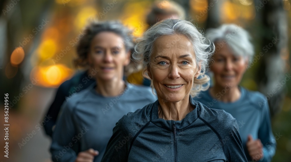A group of three women jogging in a wooded area with one woman in the foreground smiling and looking directly at the camera.
