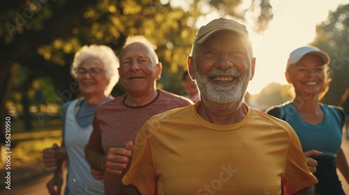 A group of elderly people running together in the park enjoying the outdoors and each other's company.