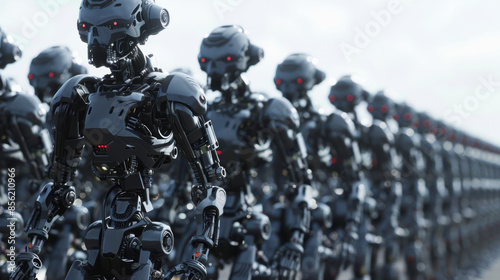 Malevolent robotic army marching in formation