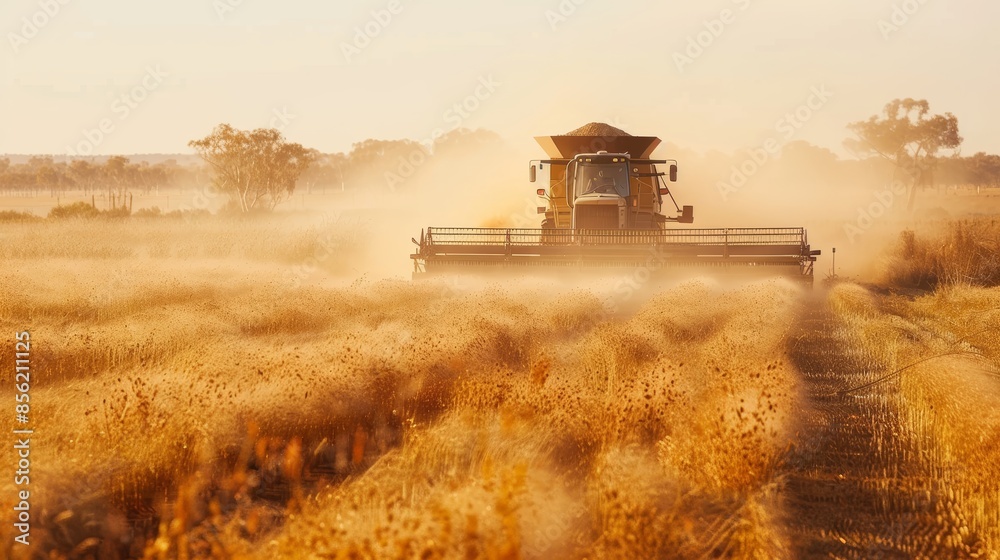 Fototapeta premium Australian Outback Grain Harvest with Dusty Conditions and Rugged Machinery at Sunset