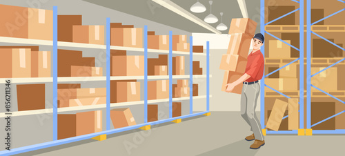 Man carrying boxes in a warehouse, illustration style, indoor background. Concept of logistics and storage. Vector illustration