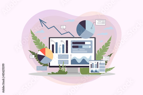 Computer monitor with accounting reports vector illustration. Financial data analytics, diagrams and charts. Finance, analytics concept