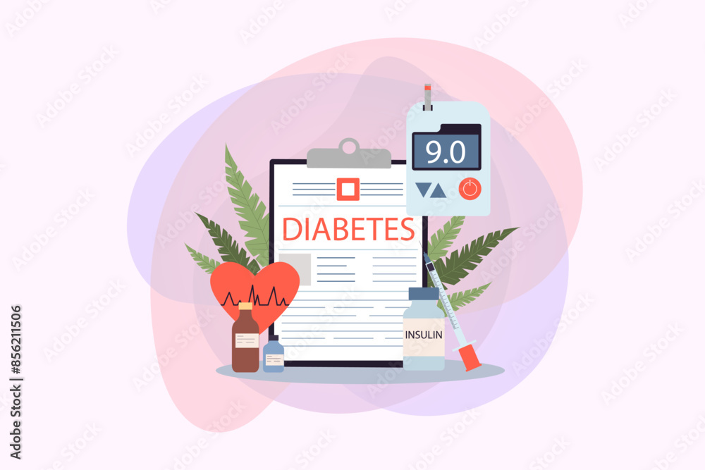 Fototapeta premium Diabets patients medical records vector illustration. Bottles with medicine and insulin syringe. Diabetes control therapy, measuring sugar level with glucometer concept