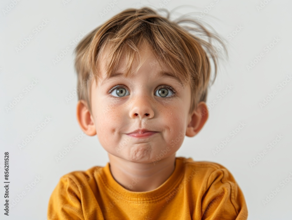 Fototapeta premium Adorable Toddler's Funny Facial Expression on White Background Generative AI
