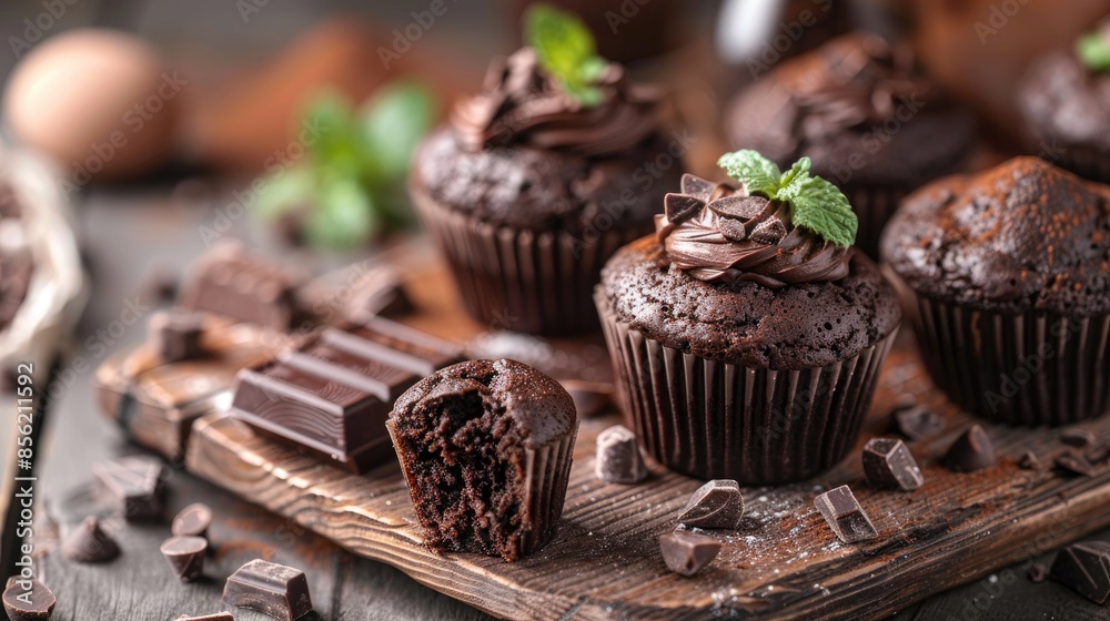 Chocolate muffins displayed on wooden table Chocolate muffins displayed on wooden table