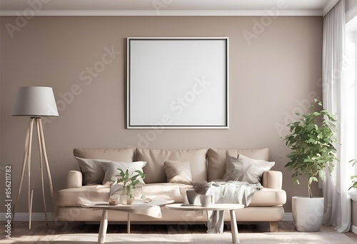 "Modern interior design: ISO A paper size frame mockup, living room wall poster mockup, 3D render with house background, perfect for showcasing stylish artwork."