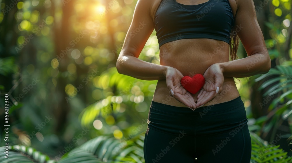 Woman in athletic attire holds a red heart against her stomach in a lush tropical setting Woman in athletic attire holds a red heart against her stomach in a lush tropical setting