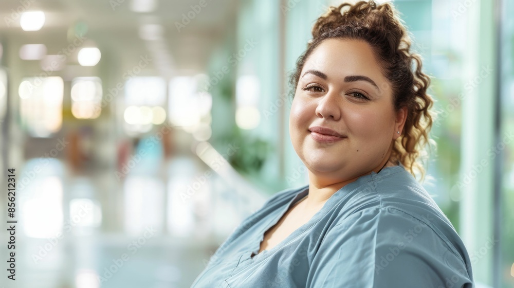 Smiling woman in blue scrubs standing in a brightly lit hallway with blurred background. Smiling woman in blue scrubs standing in a brightly lit hallway with blurred background.