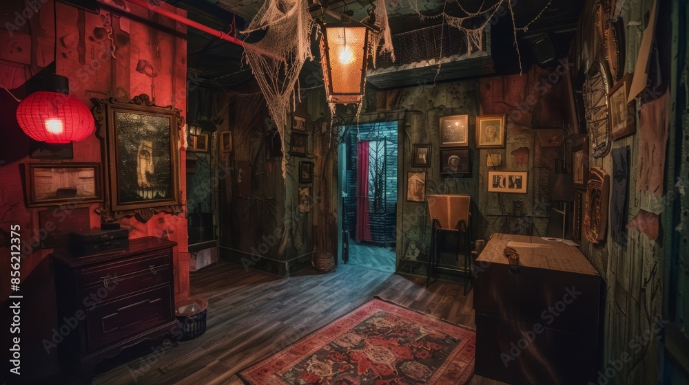 Obraz premium Eerie Haunted House Escape Room with Spooky Atmosphere and Clue-Searching Adventure