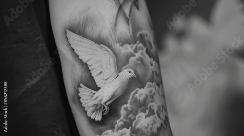 Monochromatic tattoo of a dove in flight, with its wings fully spread, set against a backdrop of stylized clouds