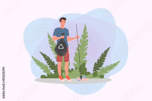 Volunteer collecting garbage vector illustration. Young man with plastic bag with litter. Ecology, environment, social aid concept