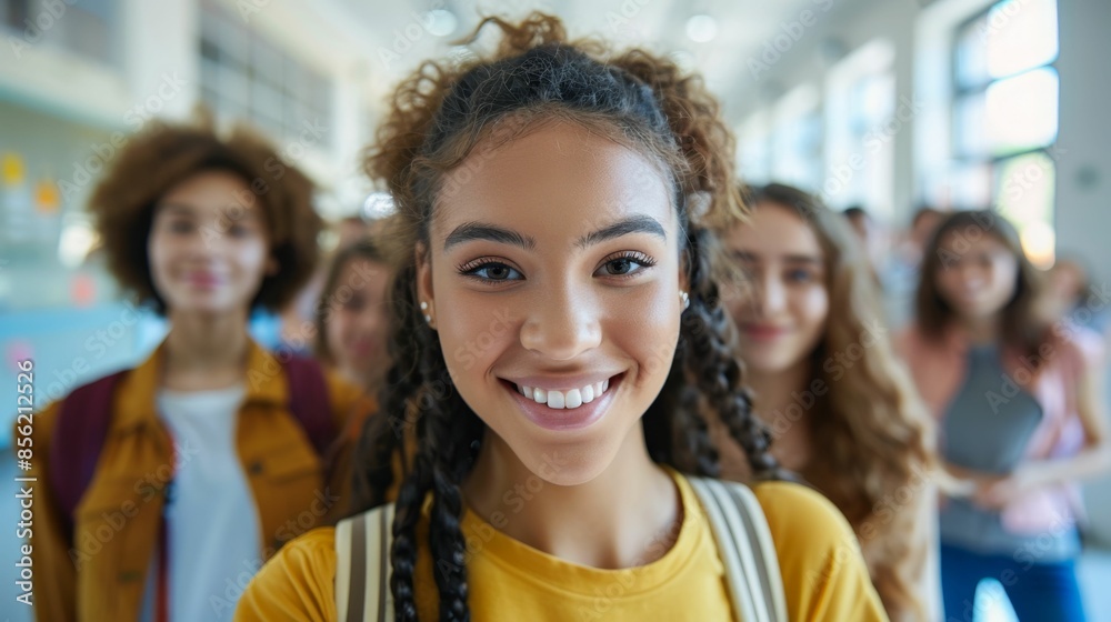 Smiling young woman with braided hair wearing yellow top and white bag in a crowded hallway with blurred figures in the background.