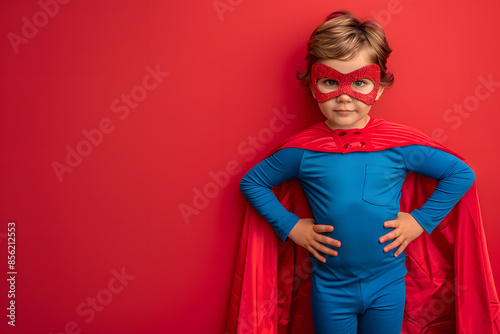 A young child in a superhero costume, posing confidently with hands on hips, isolated on a solid bright red background