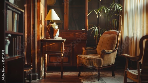 Wallpaper Mural Classic and cozy interior setting with a focus on a wooden armchair upholstered in a beige fabric, positioned next to a wooden side table with a lamp Torontodigital.ca