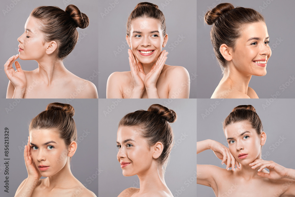 A young woman with light brown hair in a bun hairstyle poses for the camera in six different variations. She wears no makeup and has a natural, relaxed expression. Her skin is clear and glowing A young woman with light brown hair in a bun hairstyle poses for the camera in six different variations. She wears no makeup and has a natural, relaxed expression. Her skin is clear and glowing
