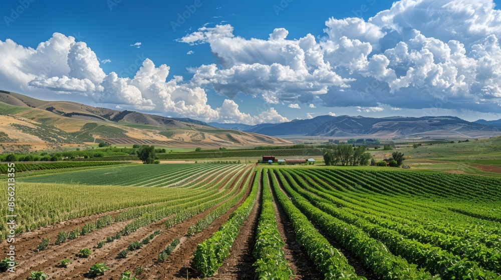 Panoramic View of Sustainable Grain Farm with Diverse Crops and Natural Irrigation Systems Panoramic View of Sustainable Grain Farm with Diverse Crops and Natural Irrigation Systems