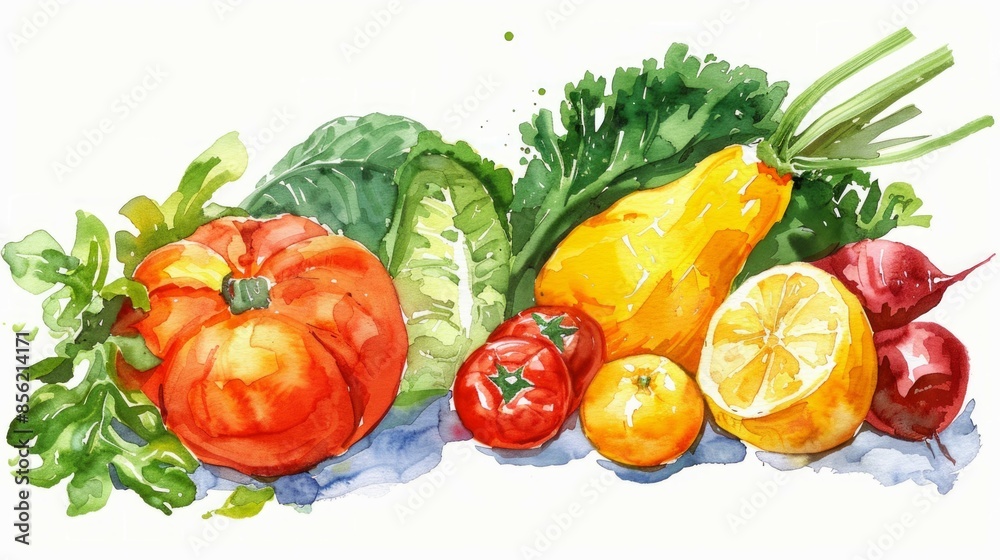 some fruits and vegetables on a white plain background, watercolor some fruits and vegetables on a white plain background, watercolor