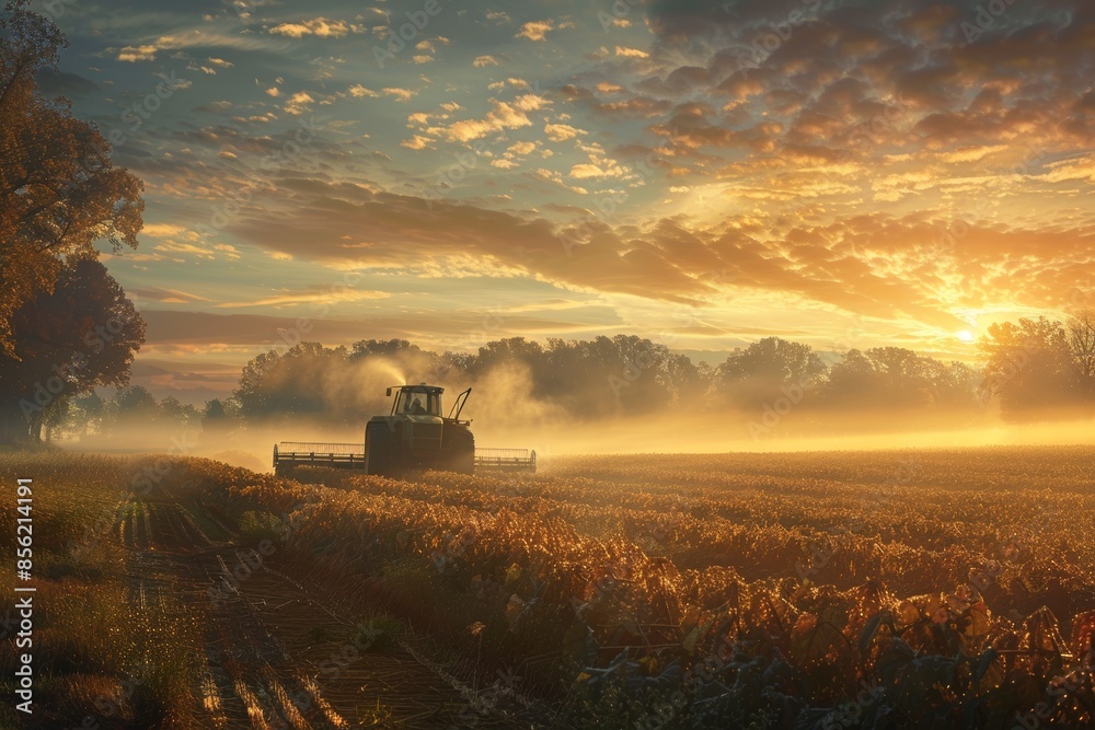 Fototapeta premium Early Morning Harvesting with Tractor under Dawn Mist in Serene Farmland Landscape