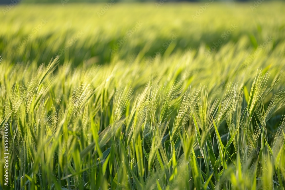 Spring Grain Field with Young Green Plants and Farmers Ensuring a Healthy Crop Spring Grain Field with Young Green Plants and Farmers Ensuring a Healthy Crop