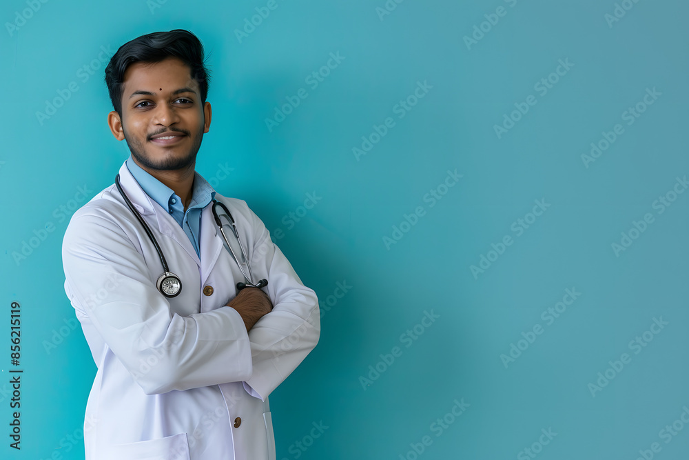 Portrait of Indian doctor in uniform and stethoscope on color background.