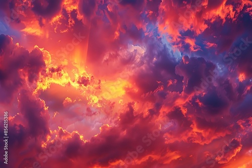 A backdrop of a fiery sky at sunset, with clouds illuminated in shades of red, orange, and purple