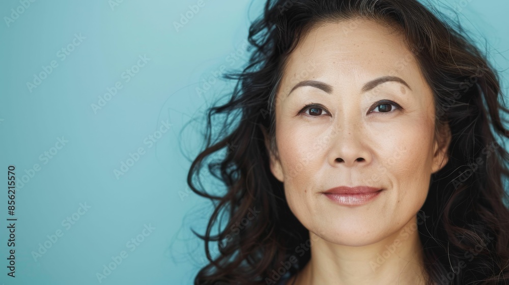 A close-up portrait of a woman with dark hair and a gentle smile set against a soft blue background highlighting her features and expression. A close-up portrait of a woman with dark hair and a gentle smile set against a soft blue background highlighting her features and expression.