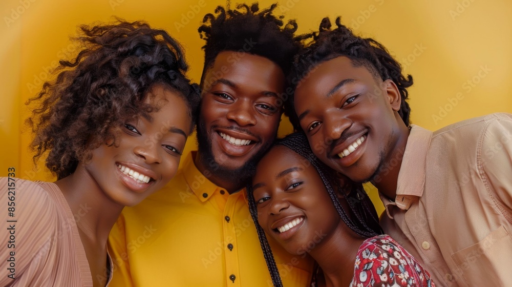 Obraz premium Four young adults posing together for a cheerful portrait with bright smiles against a vibrant yellow background.