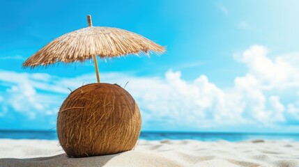 Stickers  A coconut with an umbrella and straw on the beach  © Palette_Dreams