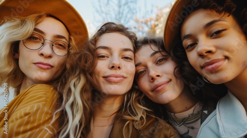 Four young women with curly hair wearing glasses hats and fall-colored clothing smiling closely together in a warm blurred outdoor setting.
