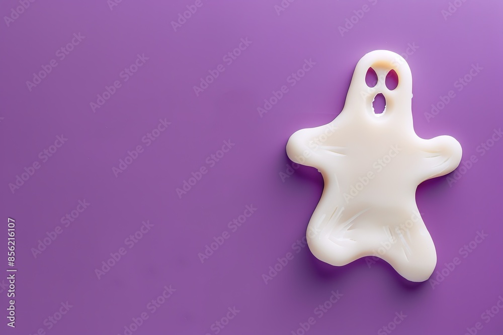 White ghost-shaped plate on purple background for Halloween them White ghost-shaped plate on purple background for Halloween them