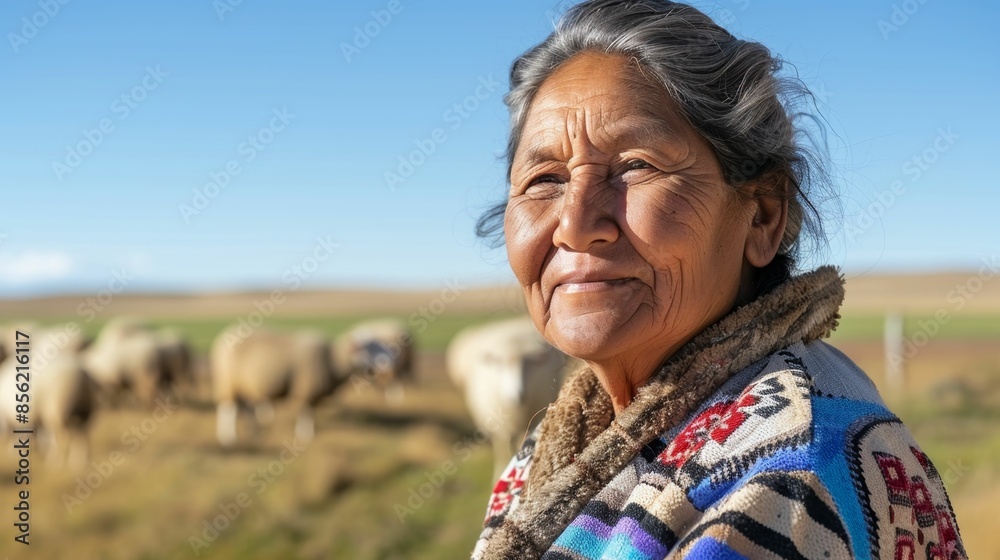 An elderly woman with a warm smile wearing a colorful woven shawl stands amidst a herd of sheep grazing in a vast open field under a clear blue sky. An elderly woman with a warm smile wearing a colorful woven shawl stands amidst a herd of sheep grazing in a vast open field under a clear blue sky.