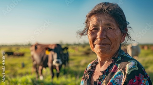 An elderly woman with a warm smile standing in a field of grazing cattle bathed in the soft glow of a setting sun. © iuricazac