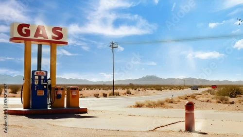 gas station on the side of a desert road. Seamless looping 4k video animation