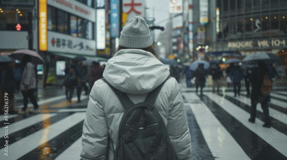 woman in gray hat walks on crowded street, back view
woman in gray hat walks on crowded street, back view