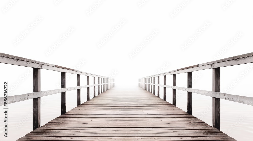 Fototapeta premium Detailed wooden fishing pier stretching into the horizon, captured on a clear white background, showcasing fishing equipment and structural elements in high definition